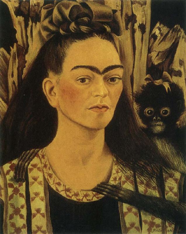 Frida Kahlo The self-portrait artist and monkey oil painting image